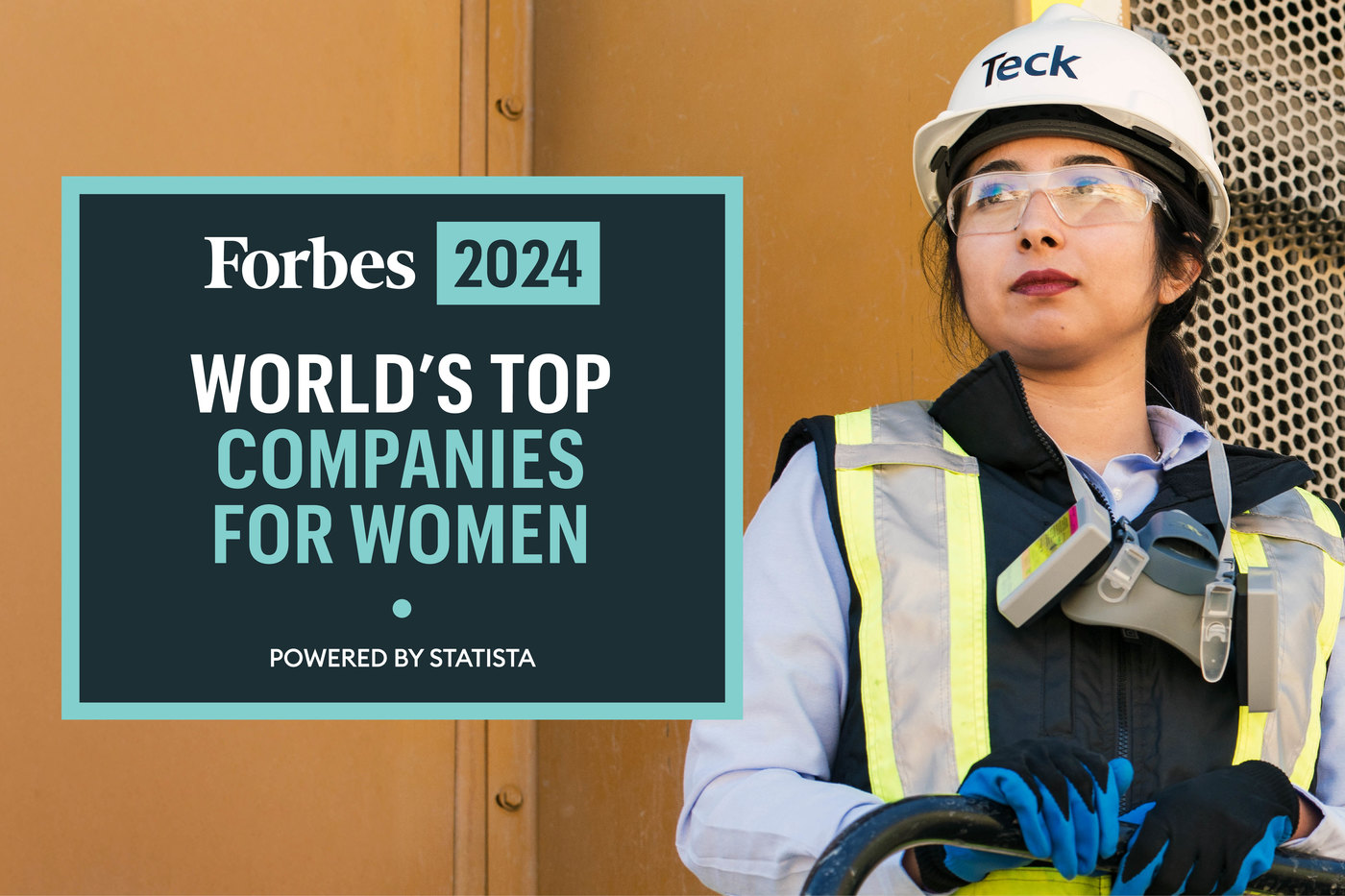 Forbes 2024 World’s Top Companies for Women; woman in safety gear on the right.