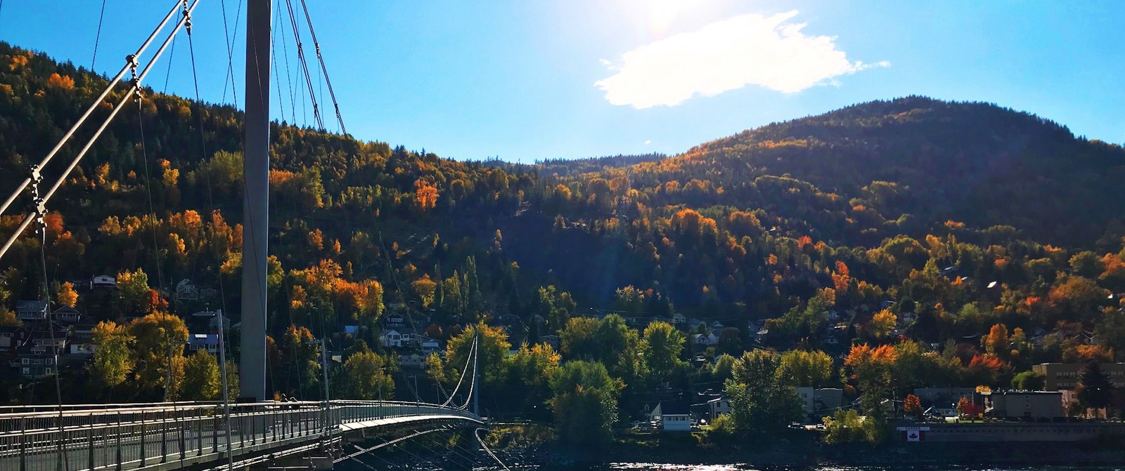 Suspension bridge over a river with forested hills and blue sky in the background.