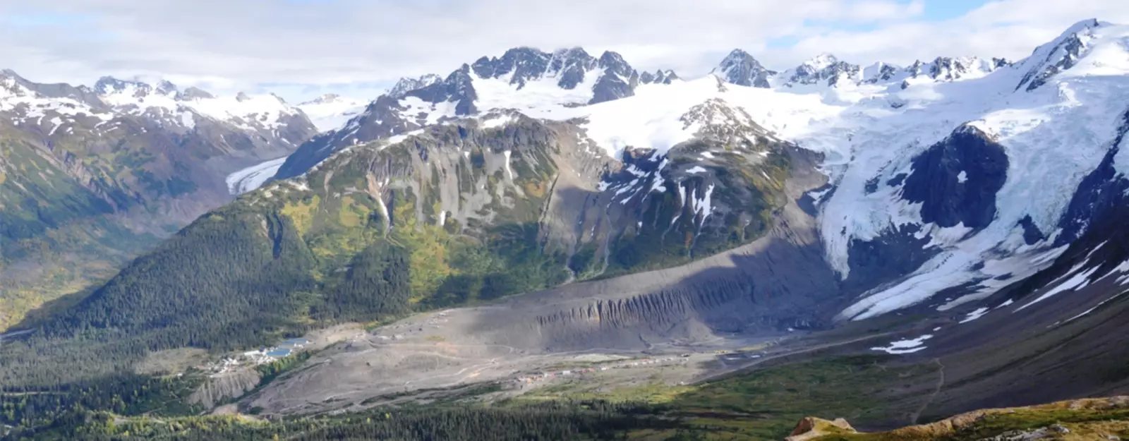 Panoramic view of snow-capped mountains with green valleys and a glacier in the foreground.