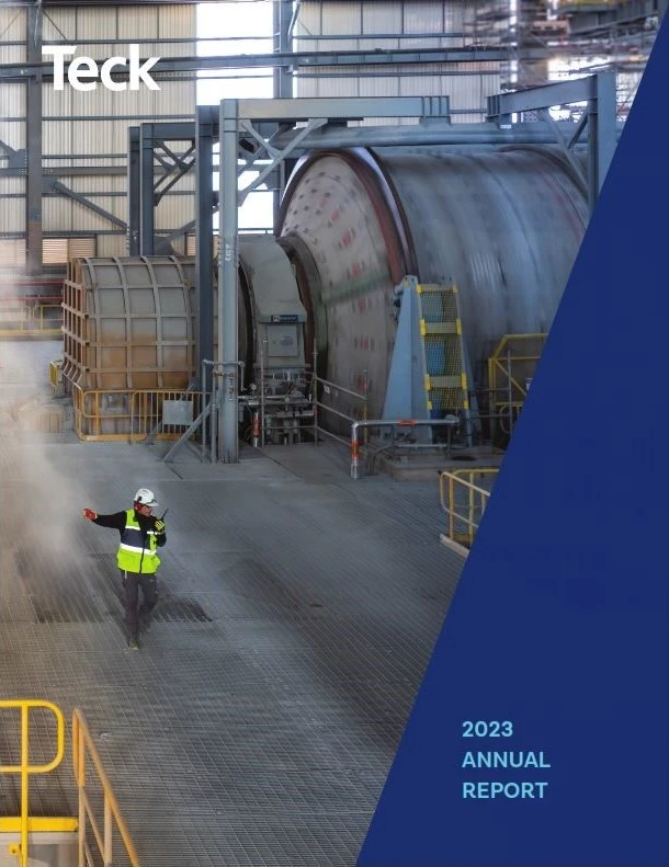 Teck 2023 Annual Report cover showing an industrial facility with a worker in safety gear.