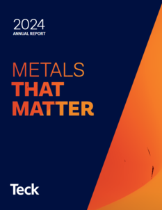 2024 Annual Report cover with text: Metals That Matter and Teck logo on blue and orange background.