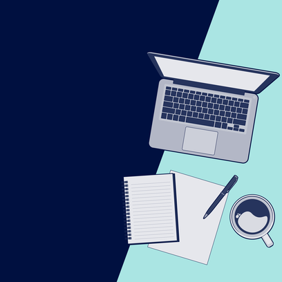 Illustration of a laptop, notebook, pen, and coffee cup on a two-tone blue background.