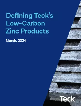 Defining Teck’s Low-Carbon Zinc Products, March 2024 report cover with zinc products image.