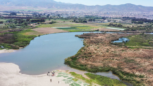 Aerial view of a large wetland area with a small group of people on the sandy shore.