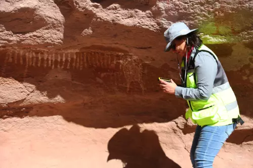 Person examining rock wall with ancient petroglyphs, wearing safety gear and using a device.