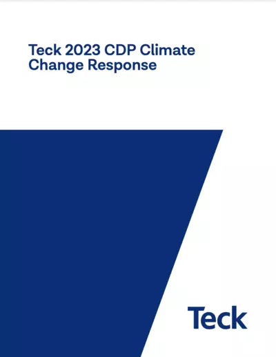 Teck 2023 CDP Climate Change Response cover with blue geometric design on white background.