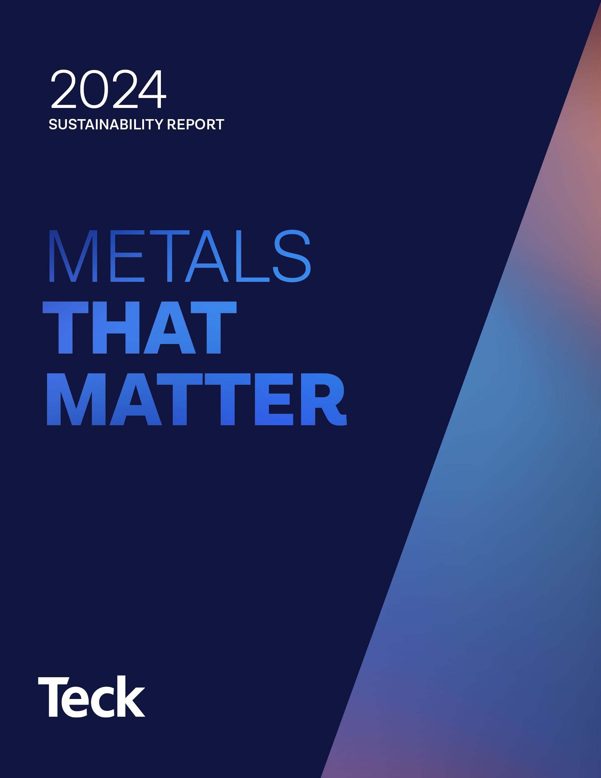 2024 Teck Sustainability Report cover titled 'Metals That Matter' with gradient background.