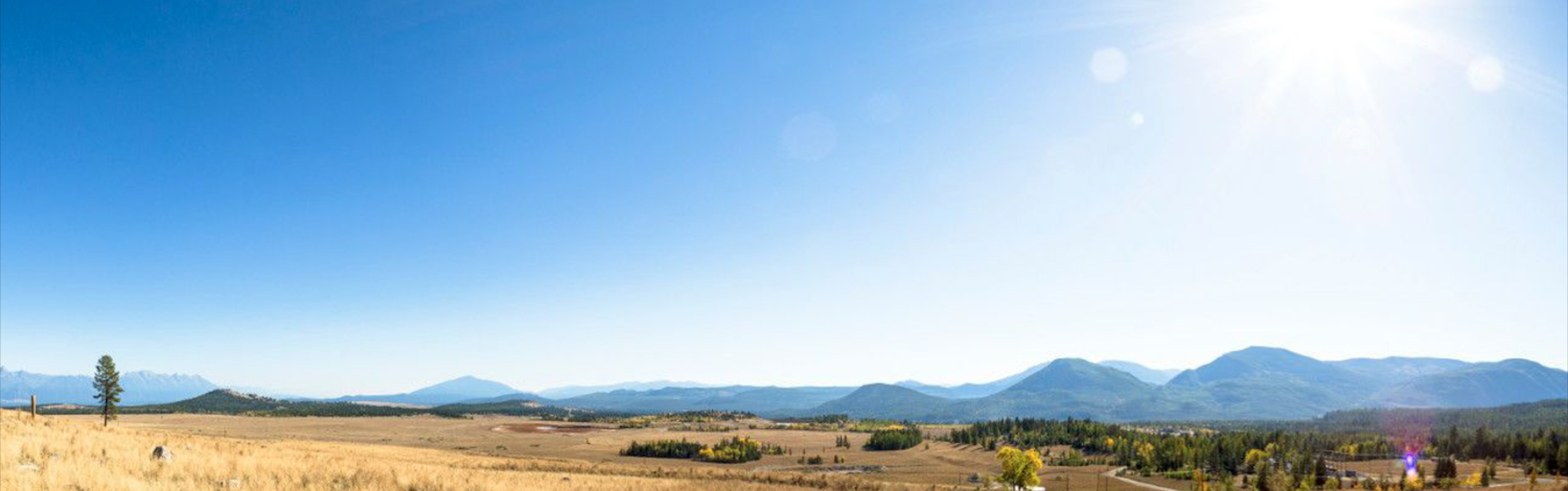Early fall plains and grassland scenery under bright blue sky and sun, trees and mountains in distance